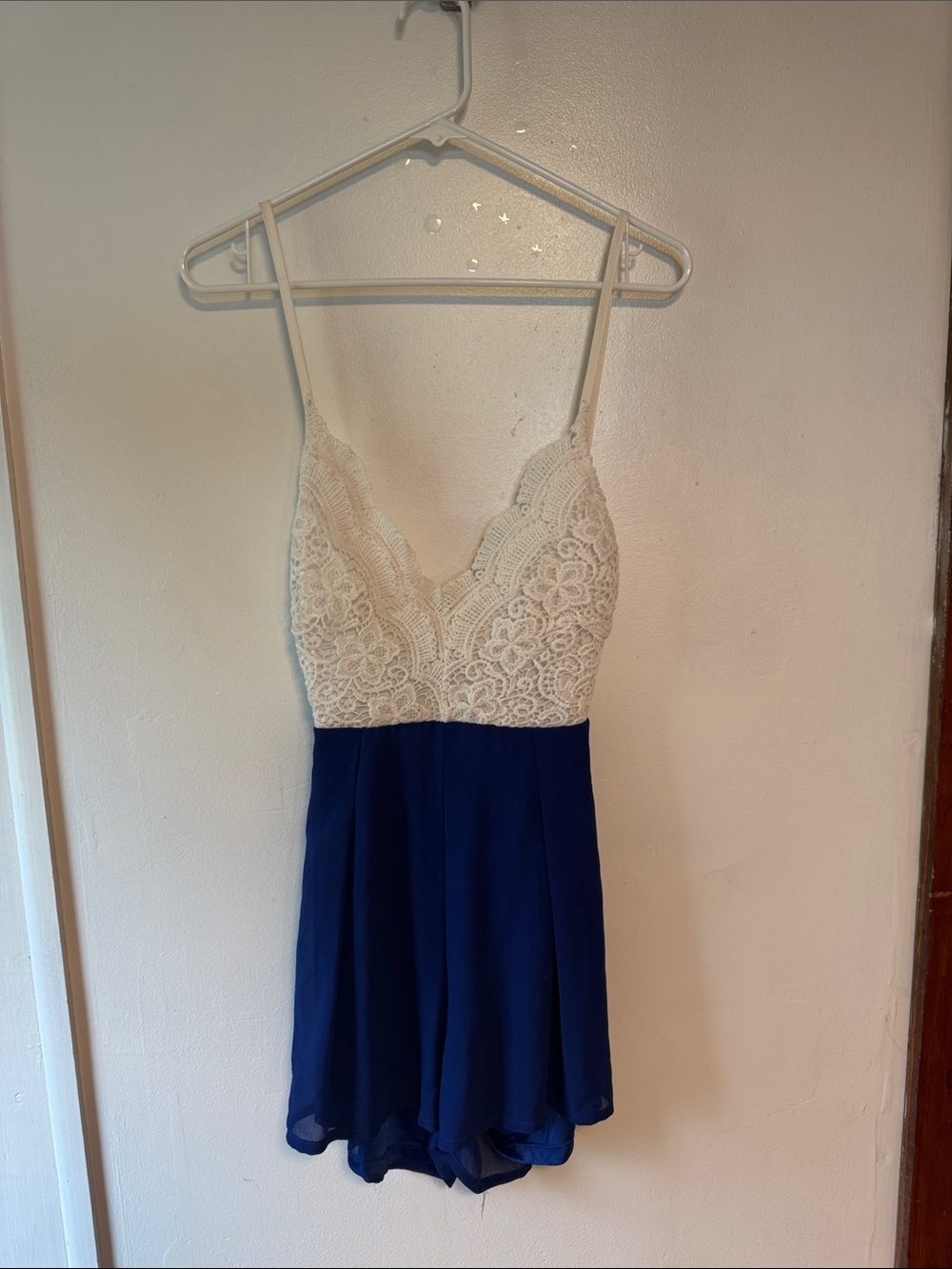 White Lace & Blue Skater Backless Dress